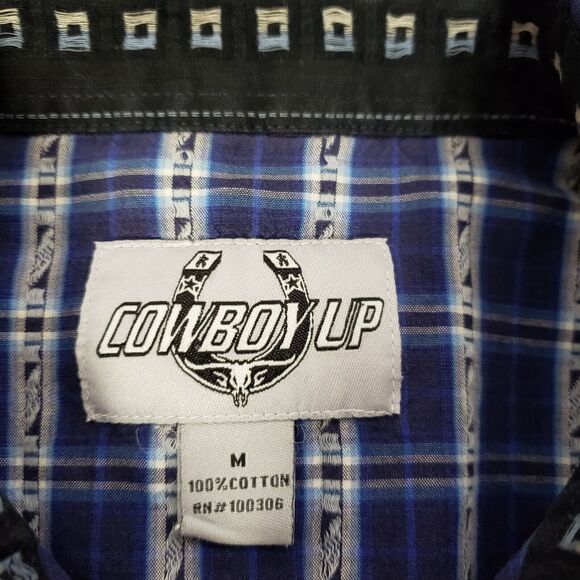 Cowboy Up Men Shirt Medium Pearl Snap Blue Plaid Long Sleeve Blue Western Pocket - Picture 7 of 11